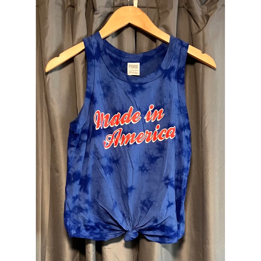 PINK Tank Top Womens Small Blue Made in America Tie Dye Front Knot Sleeveless
